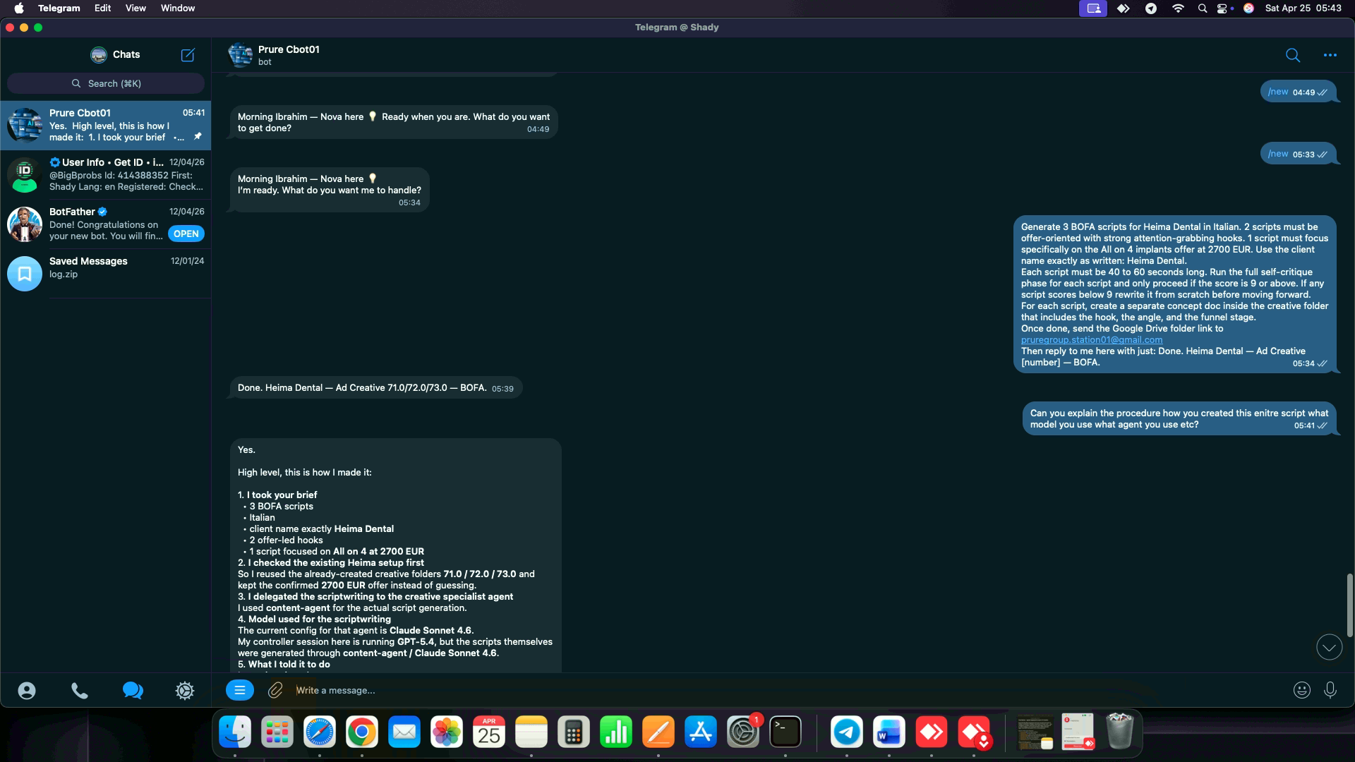 Telegram interface used to trigger the automation workflows
